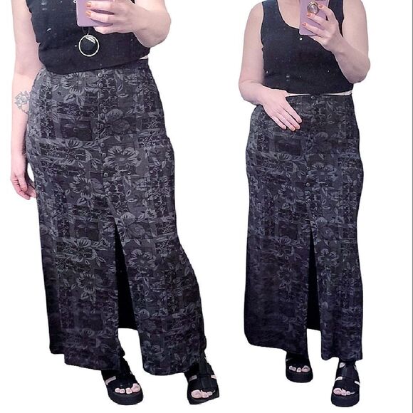 VTG 90s Black Fairy Grunge Button Slit Front Pull On Maxi Skirt Medium - Picture 3 of 13